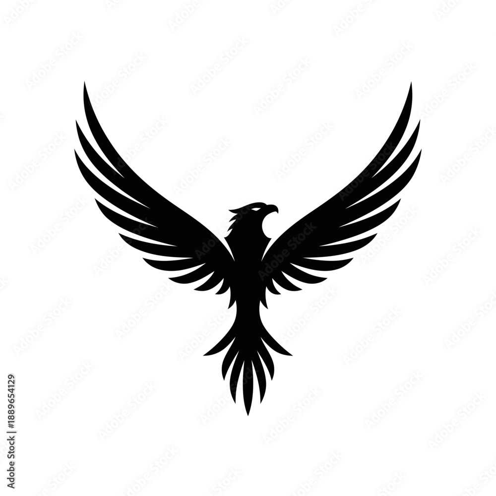 Obraz premium Black silhouette of a stylized phoenix or eagle with outstretched wings on a white background