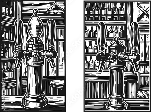 Vintage beer taps in a bar setting classic pub beverage dispensers with detailed wooden shelves and bottles background