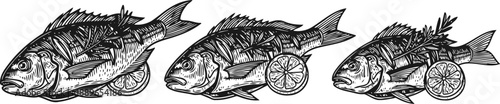 three grilled fish illustrations with lemon slices and herbs on white background