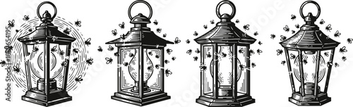 Vintage lanterns with glowing lights and fireflies, antique metal lamps in four different angles