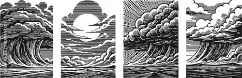 vintage ocean waves and cloudscape engravings in black and white, dramatic seascape artwork