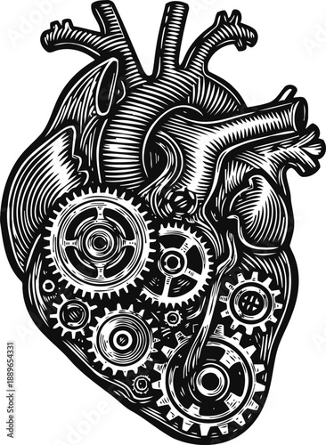Mechanical heart illustration with detailed gears and cogs, steampunk anatomy concept