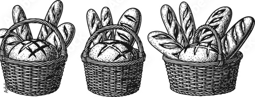 wicker baskets filled with various types of artisan bread loaves and baguettes