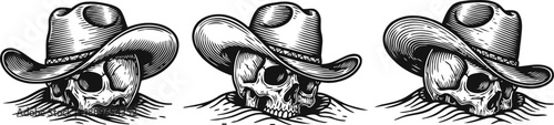 skull wearing cowboy hat illustration western vintage style, wild west symbol, outlaw and rustic design