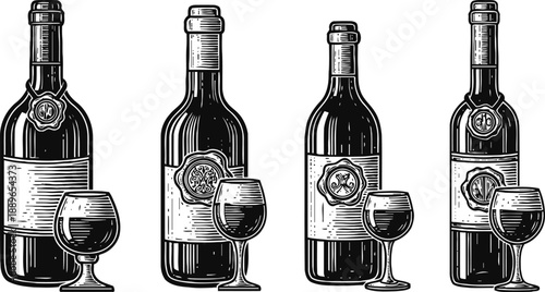 Vintage wine bottles and glasses set classic alcohol drink illustration elegant beverage design in black and white