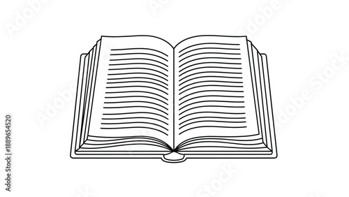 Detailed black and white line art illustration of an open book with visible text lines, perfect for education and literacy themes.