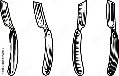 Four vintage straight razors with different handle designs in black and white sketch