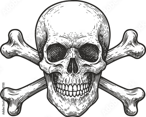 Vintage skull and crossbones design with detailed engraving and shading