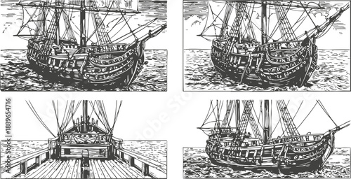 old wooden sailing ship vintage hand drawn sketches with masts, ropes and sea view in black ink