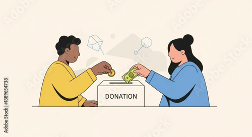 People donating money to a donation box for charity.