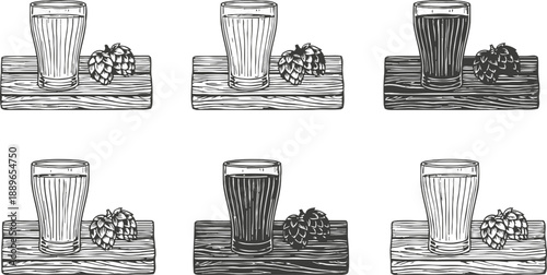craft beer flight set with glasses and hop cones on wooden tray hand drawn collection showcasing light and dark brews