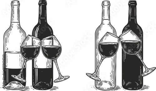 Two wine bottles with clinking glasses hand drawn alcohol drink illustration celebration, toast, party concept