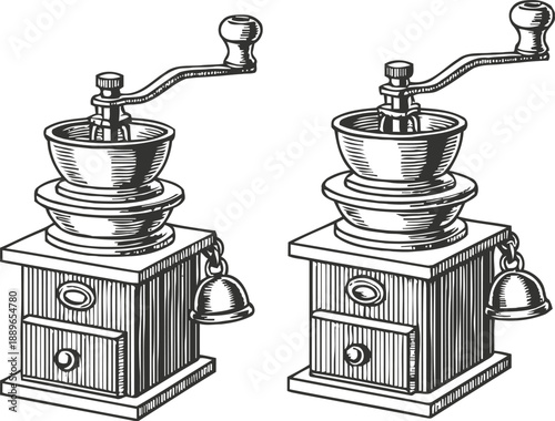 Vintage manual coffee grinders with crank handles and small drawers set, black and white sketch
