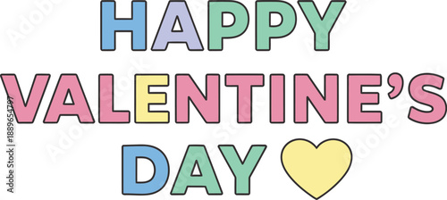 Happy Valentines Day Text with Pastel Hearts on White Background lettering typography