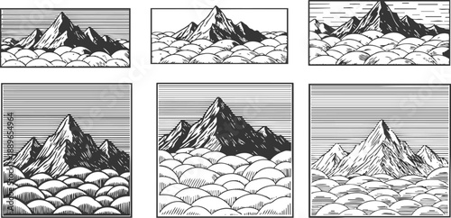 black and white mountain illustrations with clouds and horizontal line backgrounds in vintage