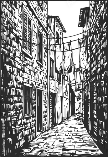 narrow cobblestone street between tall buildings with hanging laundry illustration
