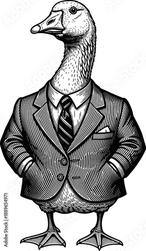 Goose in a suit with tie anthropomorphic bird character dressed formally, vintage engraving illustration