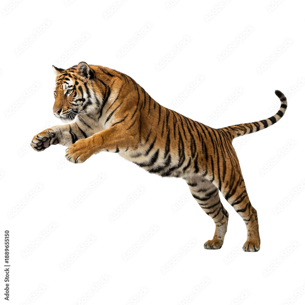 Obraz premium A tiger leaps against a transparent background, its body fully extended mid-pounce.