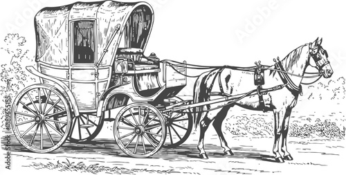 Horse drawn carriage with covered wagon, vintage transportation and old fashioned travel concept