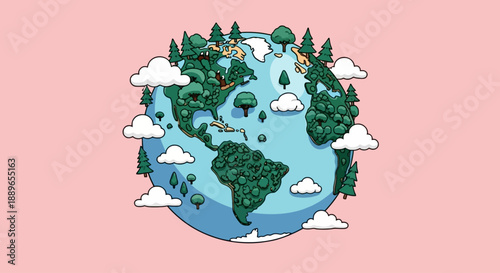 The Earth globe showcases lush green forests and white clouds floating in space with trees and continents visible.