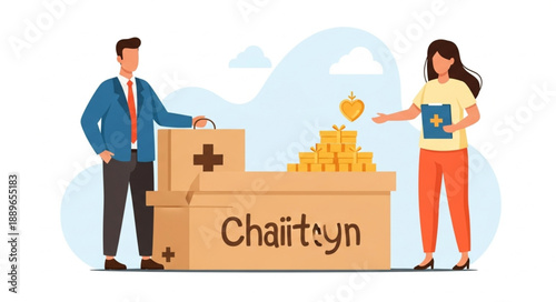 People donating to charity box with money and medical cross symbol.