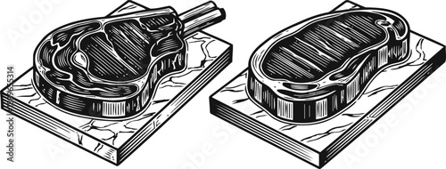 Juicy grilled ribeye and sirloin steaks on wooden cutting boards, detailed black and white engraving illustration