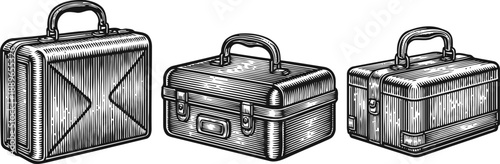 vintage suitcases set old fashioned travel luggage, leather briefcase and classic trunks, hand drawn engraving