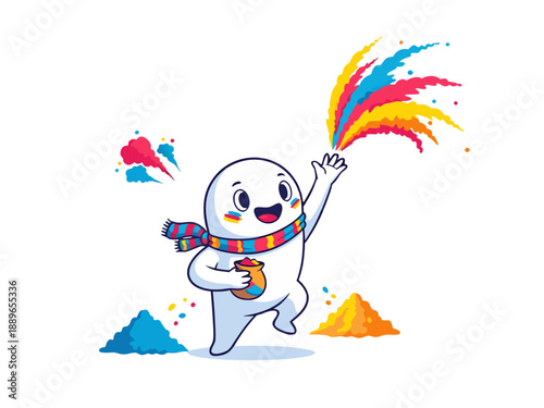 A joyful character celebrating HOLIKA DAHAN HOLI with colorful powders, dancing and throwing vibrant colors everywhere