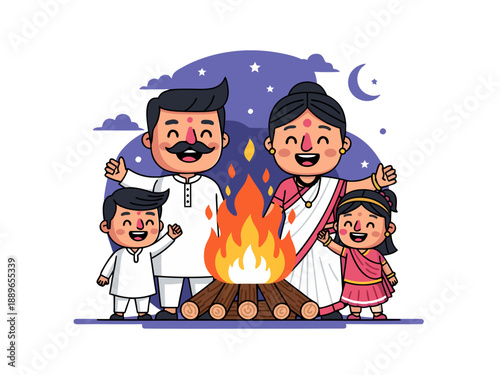 Family Celebrating Holika Dahan Holi Together Around the Bonfire at Night Under Starry Sky