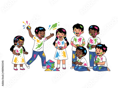 Children Celebrating HOLIKA DAHAN HOLI with Colorful Powder and Smiles