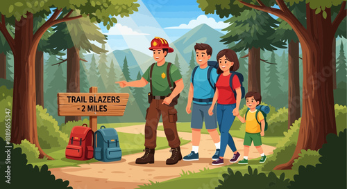 Park Ranger Guiding Family on a Forest Trail.