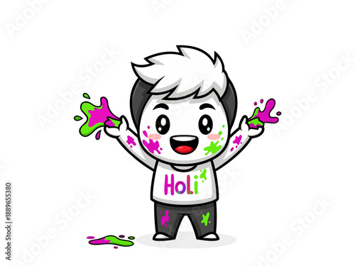Celebrating HOLIKA DAHAN HOLI with vibrant colors and joyful gestures by a smiling cartoon character