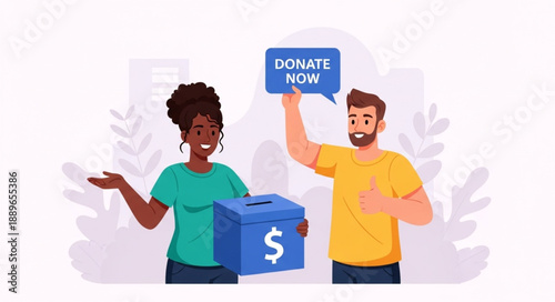 People donating to charity with donation box and sign.