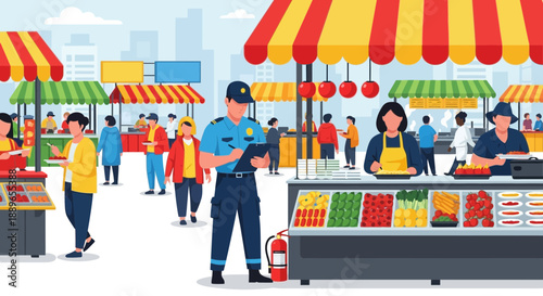 Security guard standing in a bustling outdoor market.
