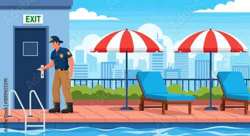 Security guard opening an exit door at a poolside.