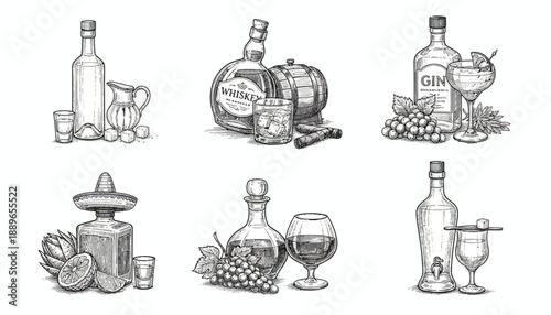 Illustrations of various drinks and alcohol bottles with glasses and fruit on a table indoors