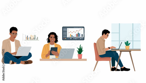 Three people working on laptops in office settings with computers and plants