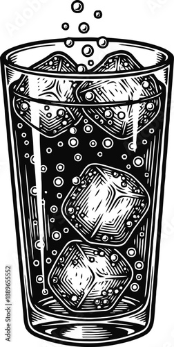 Glass of sparkling water with ice cubes and bubbles illustration in vintage