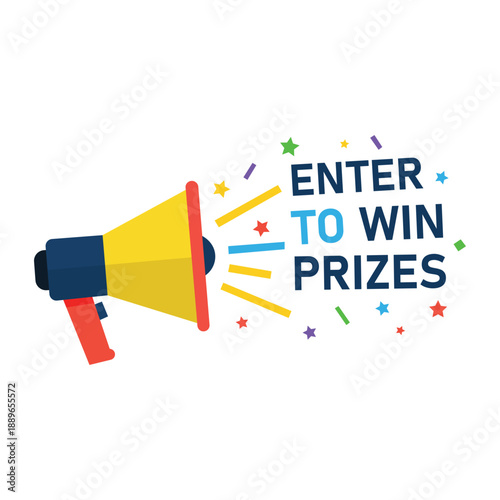 Enter to Win Prizes Concept with Megaphone and Colorful Celebration Elements