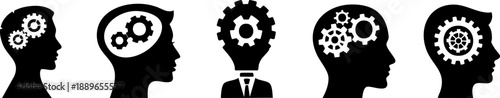 Silhouettes of heads with gears symbolize creativity, thinking, and problem-solving in a visually engaging manner.