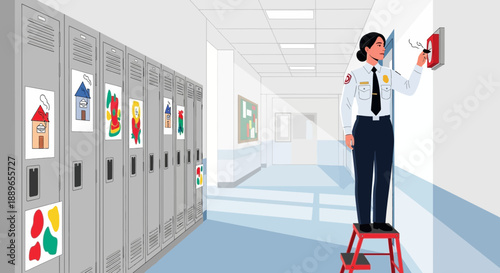 Female fire safety officer checking fire alarm system in school hallway.