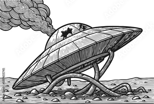 Crashed ufo with tentacle like legs on rocky ground, emitting smoke from damaged dome