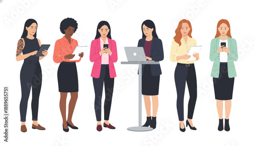 Six diverse women standing with mobile devices near a podium