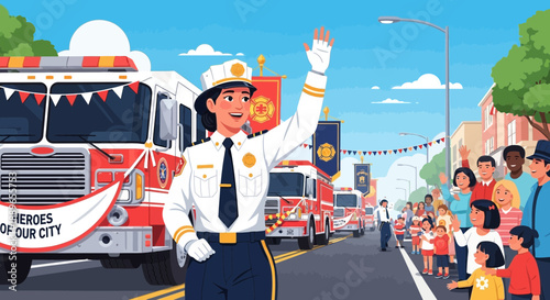 Female Firefighter Leading a Parade with a Confident and Welcoming Gesture.