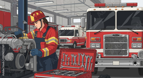 Female firefighter mechanic repairing fire truck engine in garage.