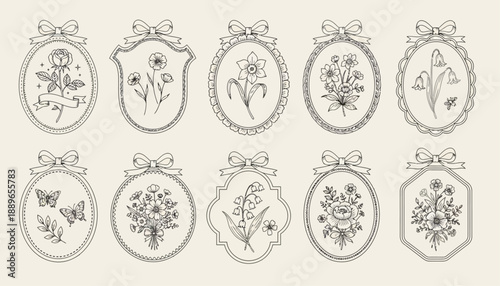 Vintage floral illustrations adorn ornate oval frames with ribbons on a beige background