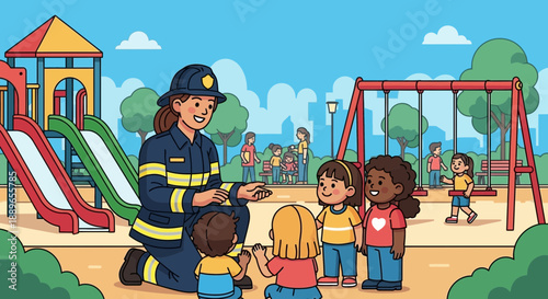 Female firefighter teaching children about fire safety at a playground.