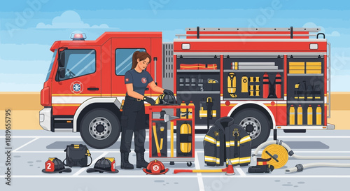 Female firefighter with equipment and fire truck.
