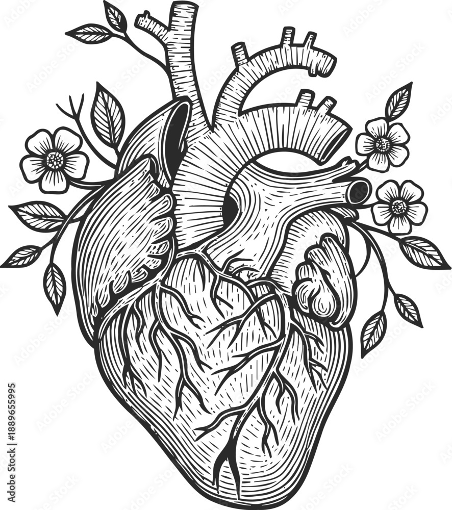 Fototapeta premium Anatomical human heart illustration with flowers and leaves, detailed black and white drawing