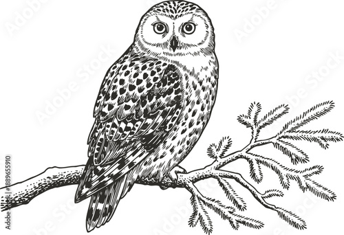 black and white detailed illustration of an owl perched on pine tree branch with needles
